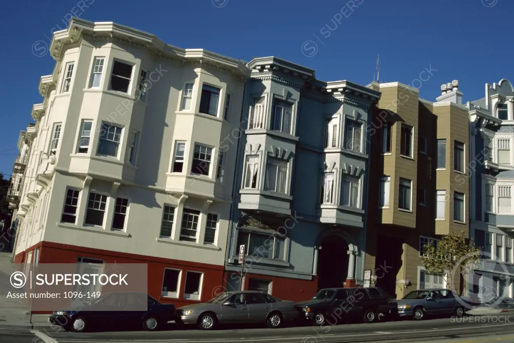 Cars parked along buildings, California Street, San Francisco, California, USA