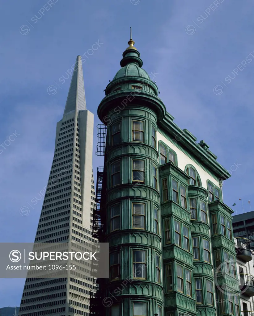 Low angle view of Transamerica Pyramid and Columbus Tower, San Francisco, California, USA