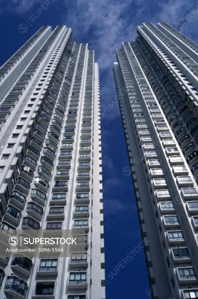Low angle view of apartment buildings, Hong Kong, China