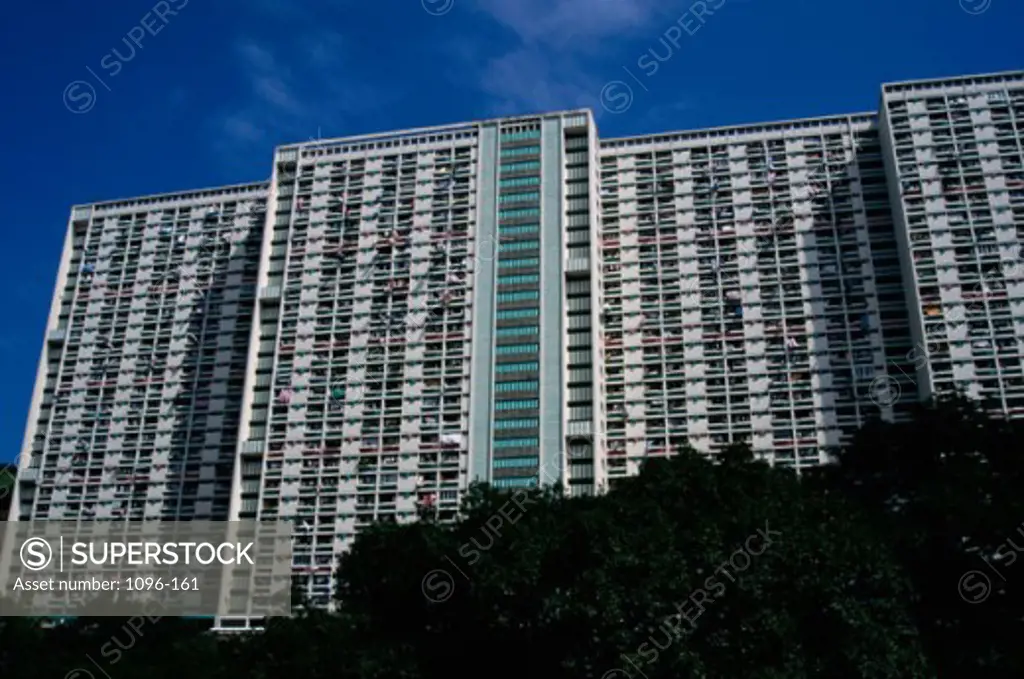 Low angle view of residential buildings, Hong Kong, China