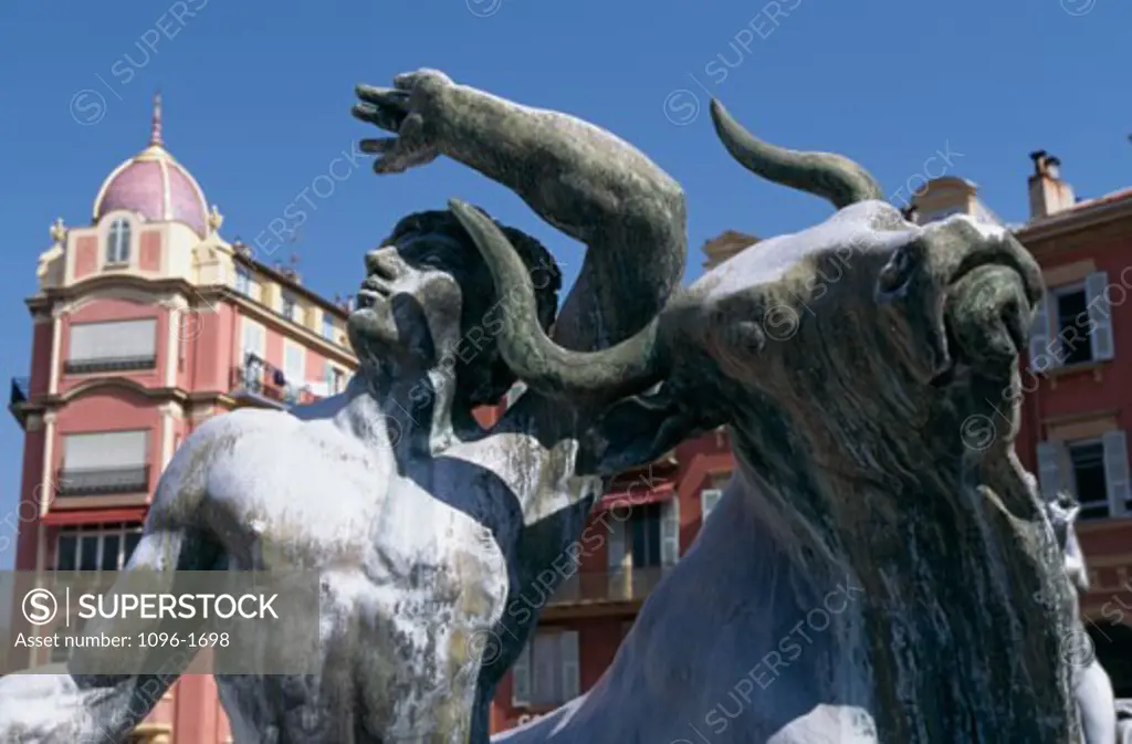 Close-up of a statue in front of a building, Place Massena, Nice, France