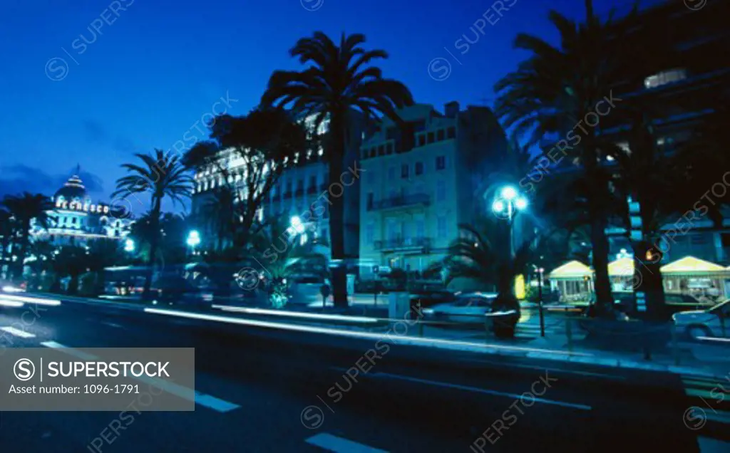 Hotel lit up at night, Hotel Negresco, Nice, France