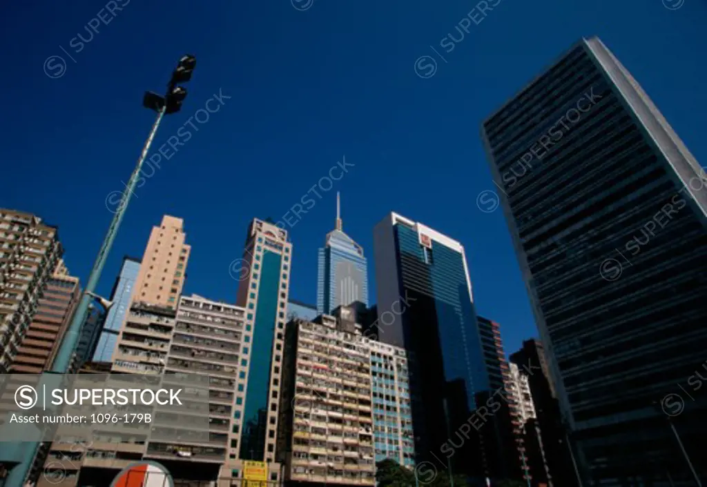 Low angle view of skyscrapers, Hong Kong, China