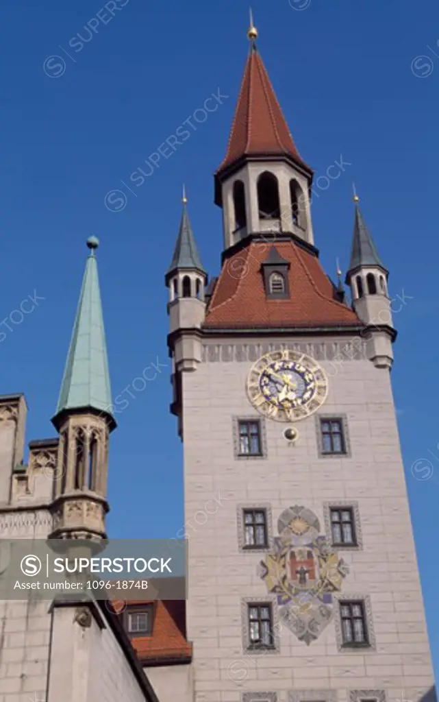 Low angle view of a clock tower, Old Town Hall, Munich, Germany