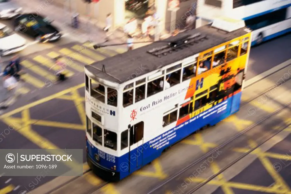 High angle view of a tram moving on a tramway, Hong Kong, China