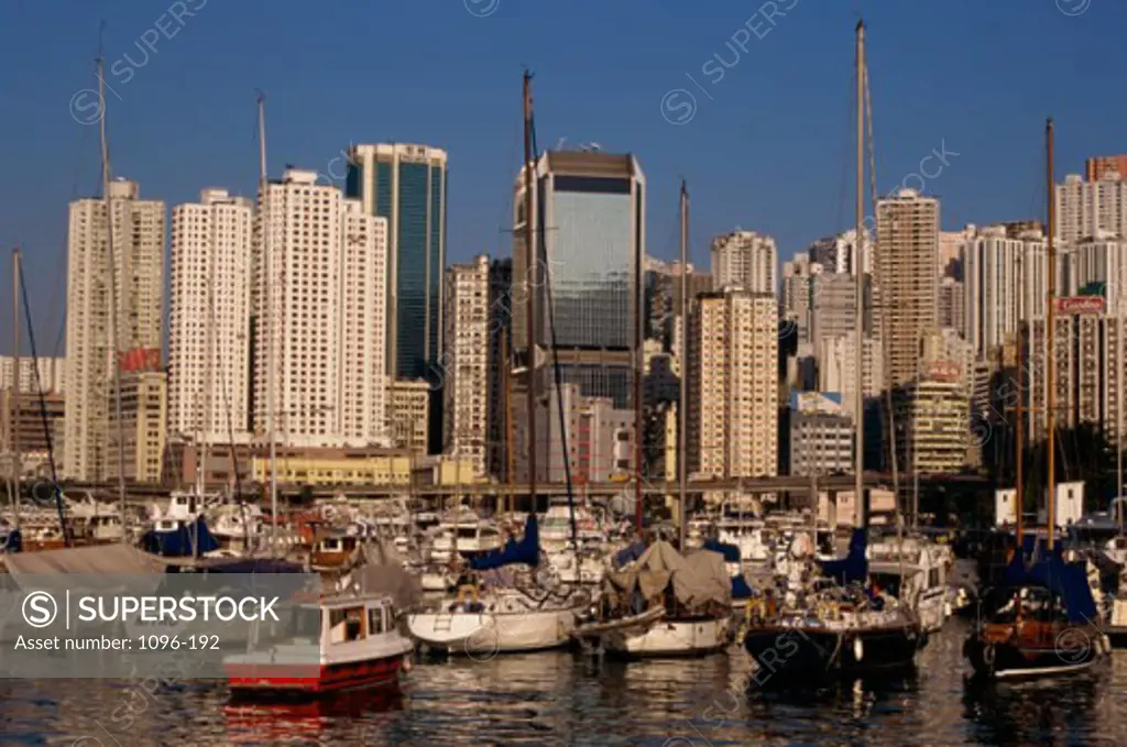 Boats moored in a harbor, Causeway Bay, Hong Kong, China