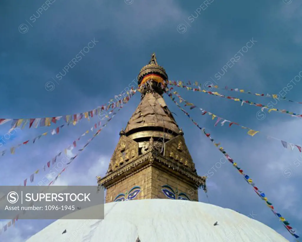 Low angle view of the Swayambhunath Stupa, Kathmandu, Nepal