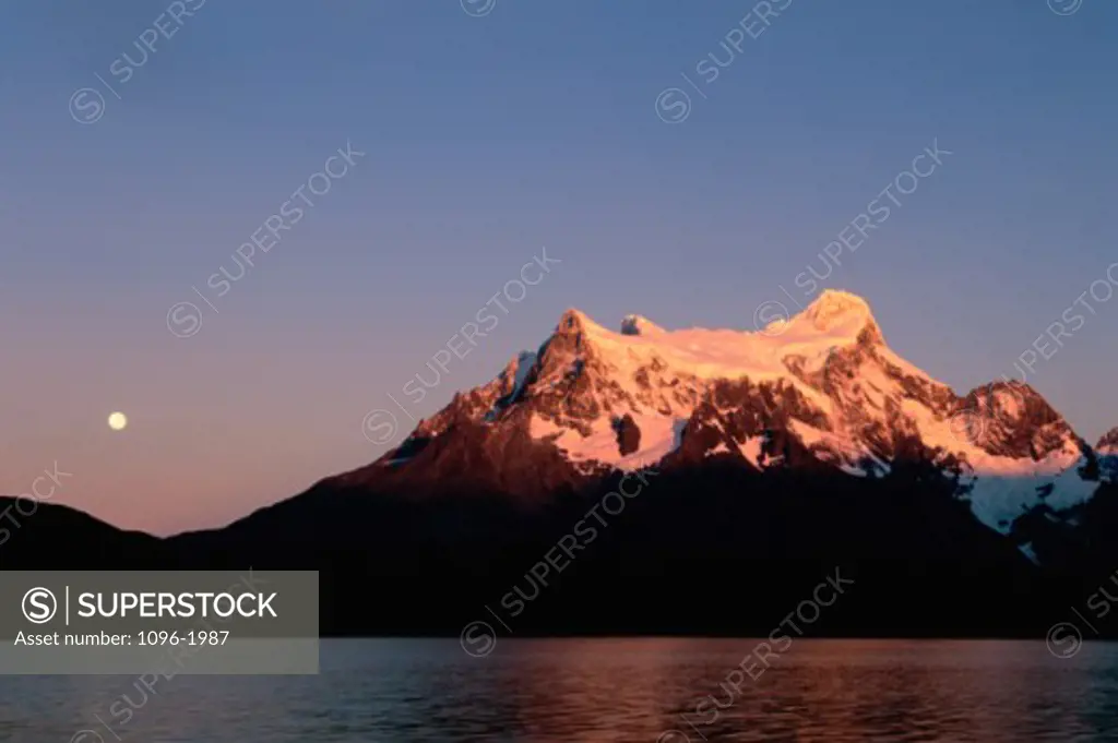 Snow covered mountain, Lake Pehoe, Torres del Paine National Park, Chile