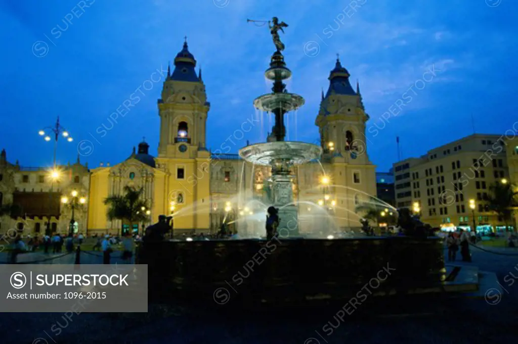Fountain near a cathedral, Plaza de Armas, Lima, Peru