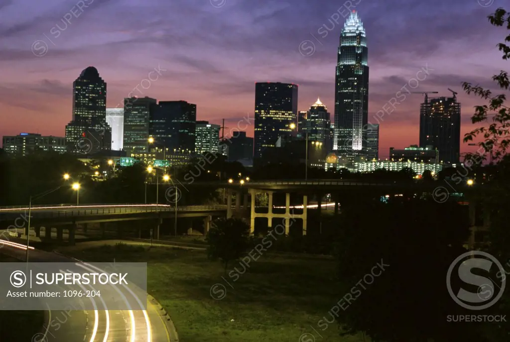 Buildings lit up at night, Charlotte, North Carolina, USA