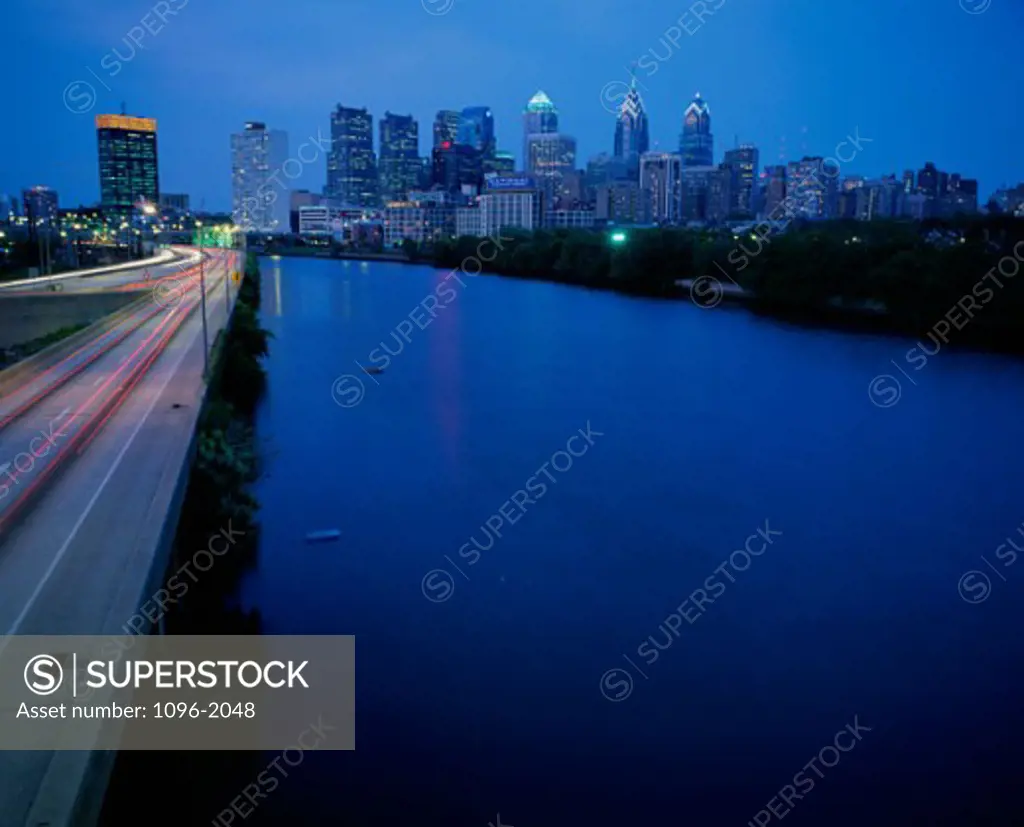 City skyline by the water, Philadelphia, Pennsylvania, USA