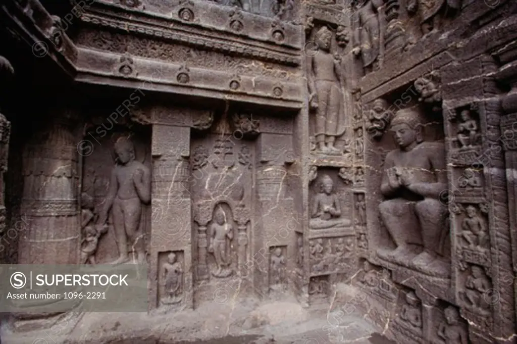Carvings at the Ajanta Caves, Maharashtra, India