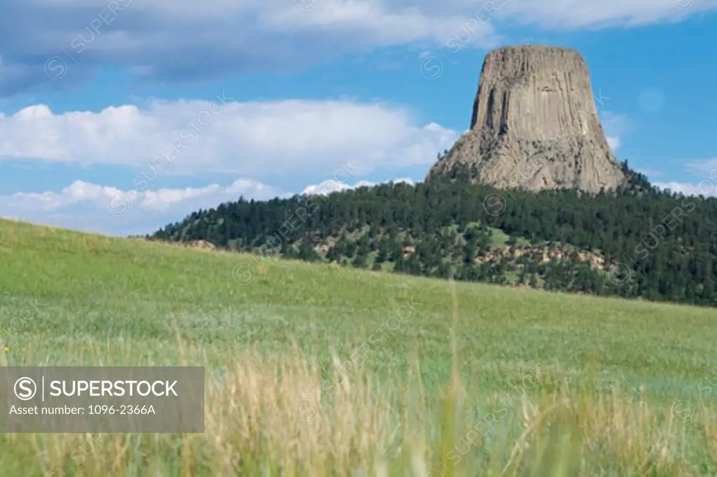 Low angle view of Devil's Tower National Monument, Wyoming, USA