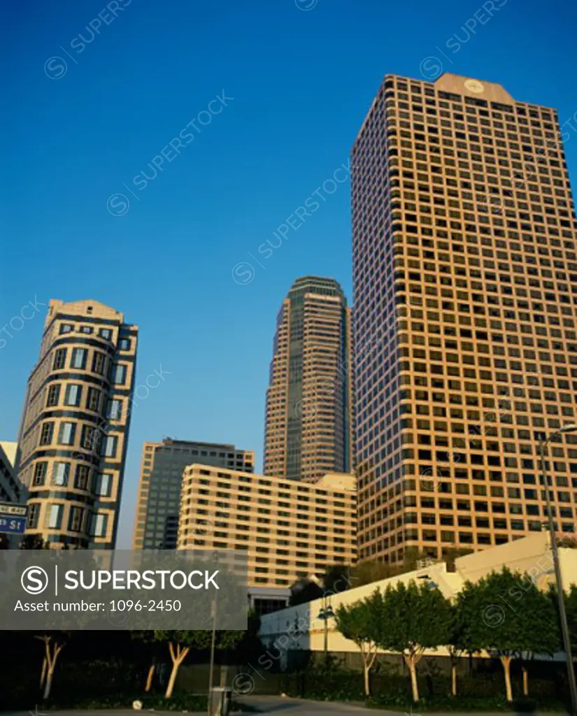 Low angle view of buildings in a city, Los Angeles, California, USA