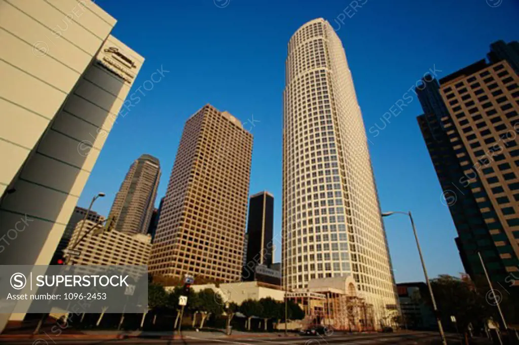 Low angle view of skyscrapers, Los Angeles, California, USA