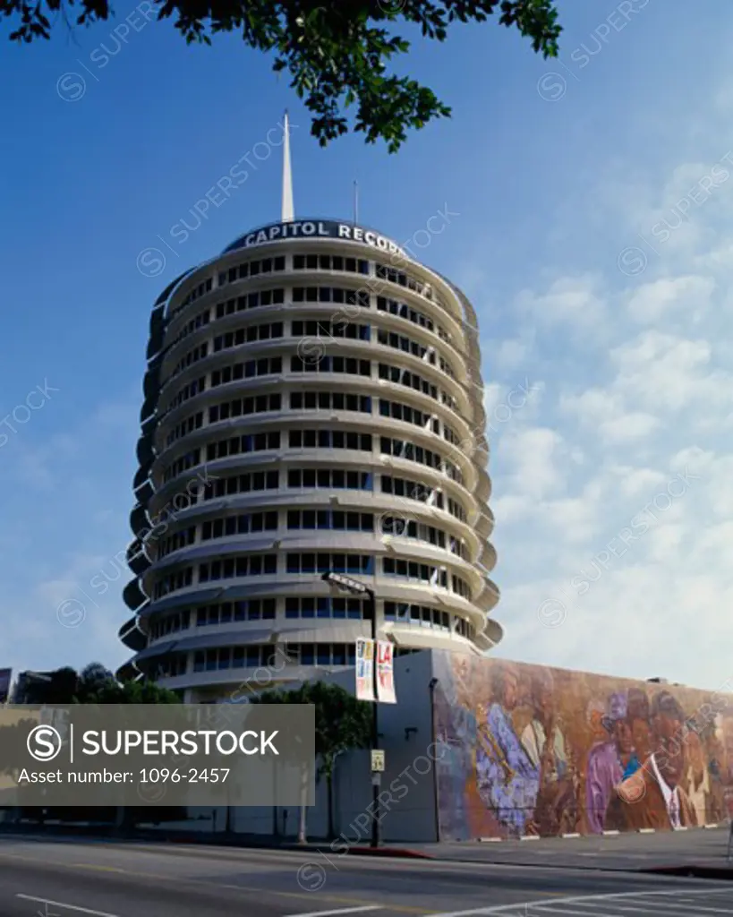 Low angle view of the Capitol Records Building, Hollywood, Los Angeles, California, USA