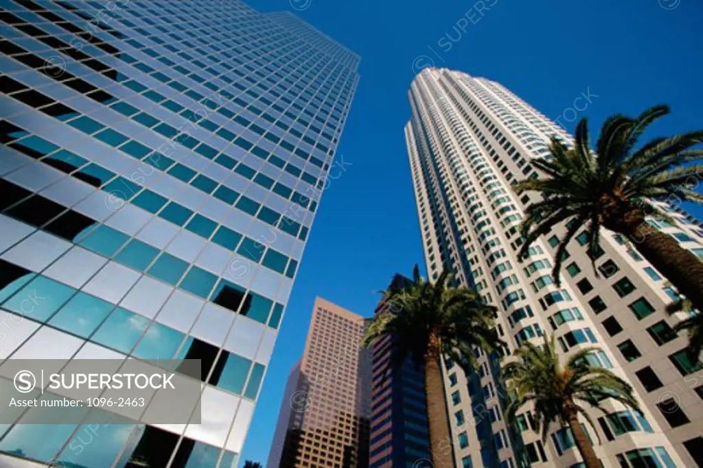 Low angle view of skyscrapers, Los Angeles, California, USA