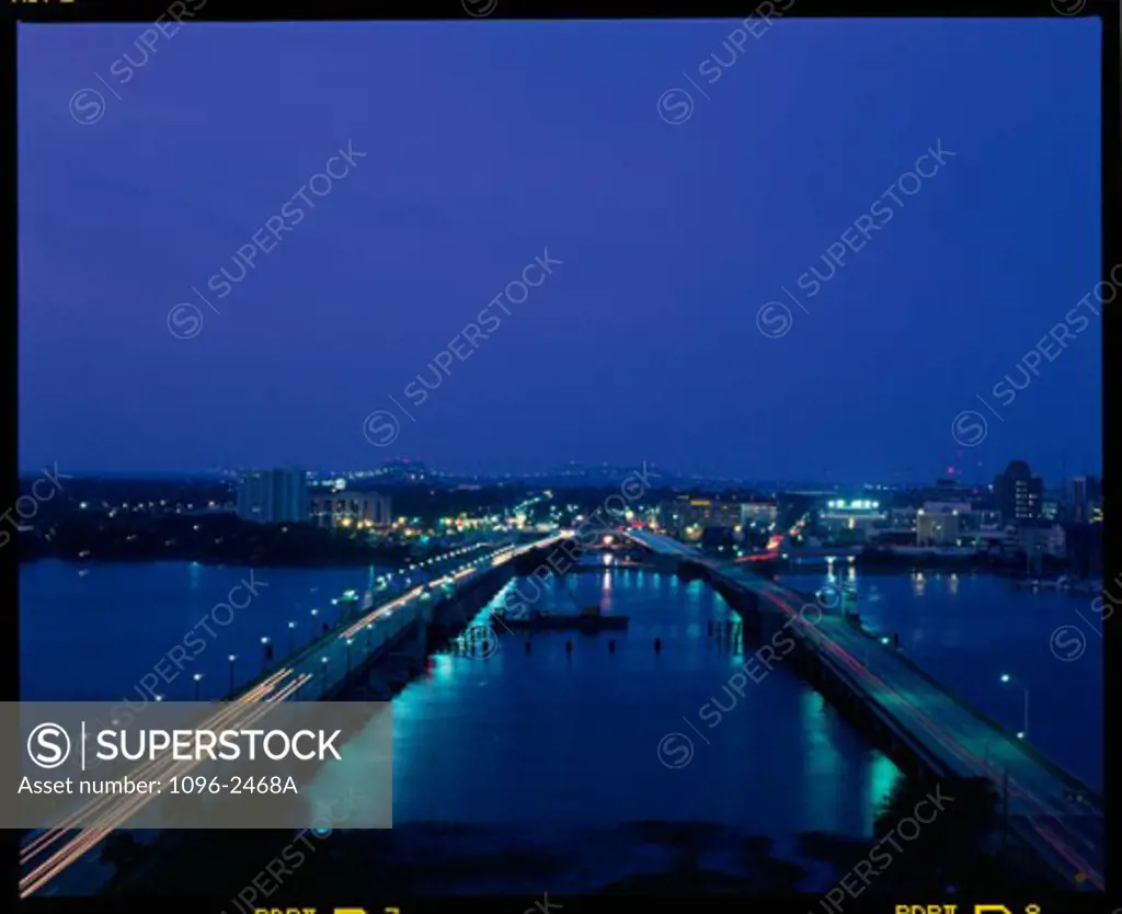 Bridge lit up at night, Charleston, South Carolina, USA