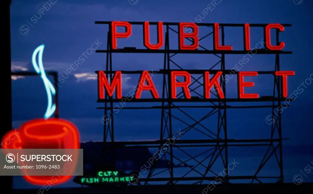 Neon sign, Pike Place Market, Seattle, Washington, USA