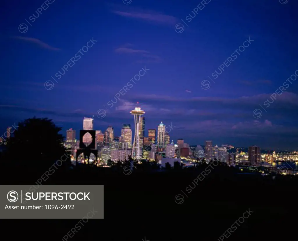Skyline and Space Needle illuminated at night, Seattle, Washington, USA