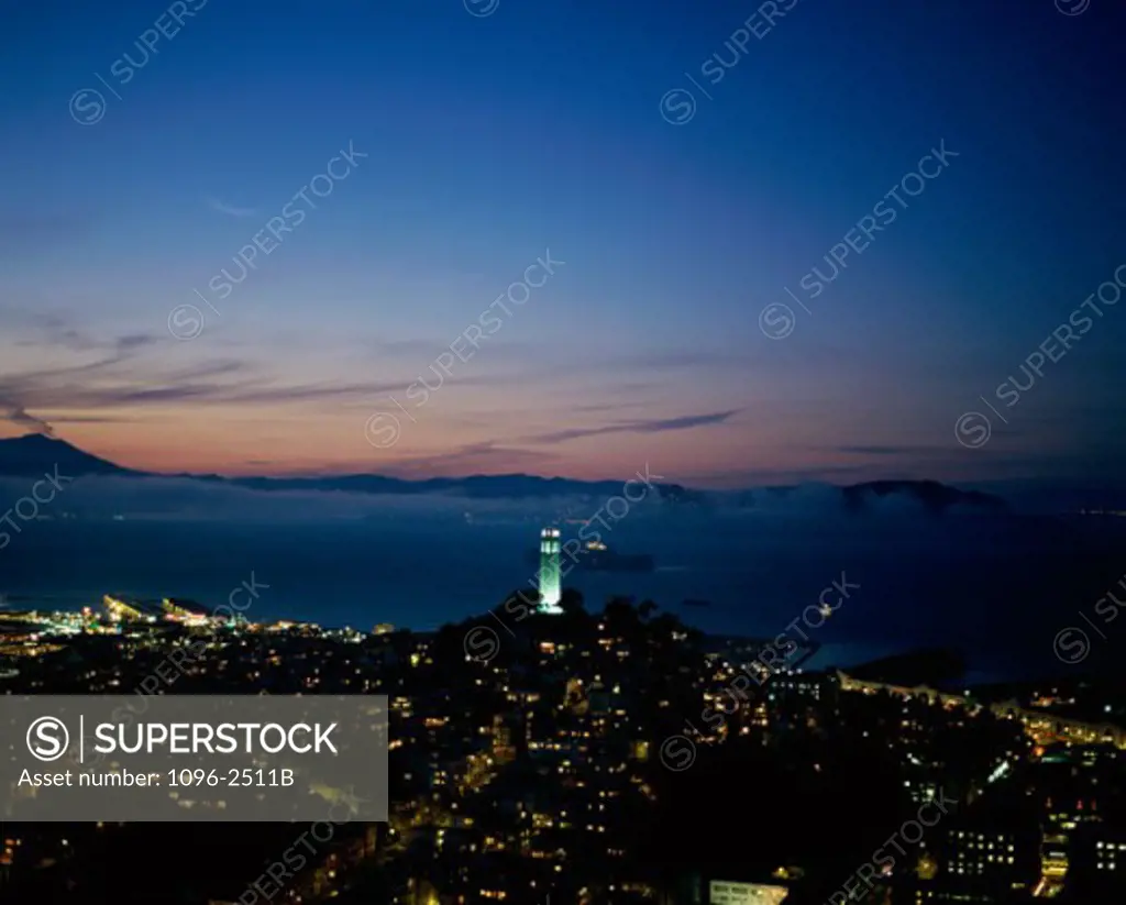 Aerial view of San Francisco at night, Coit Tower, San Francisco, California, USA