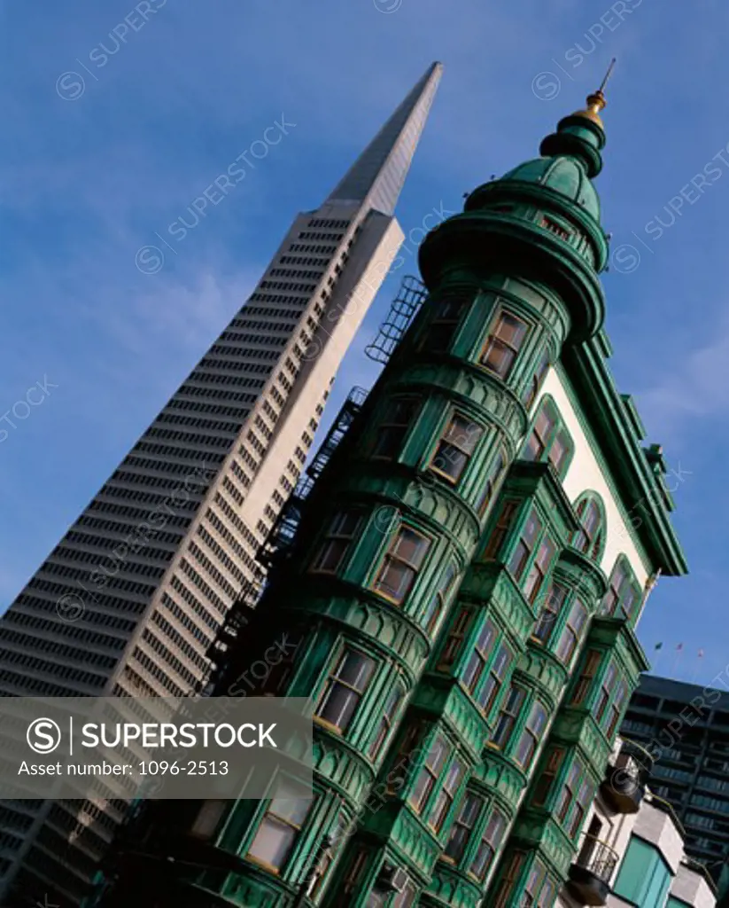 Low angle view of the Transamerica Pyramid and Columbus Tower, San Francisco, California, USA