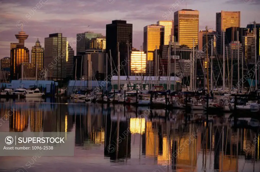 Buildings in a city at dusk, Vancouver, British Columbia, Canada