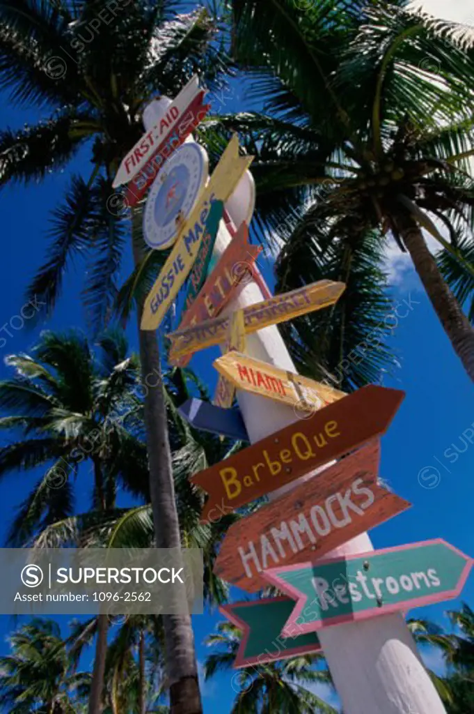 Low angle view of a sign post, Great Shrimp Cay, Bahamas
