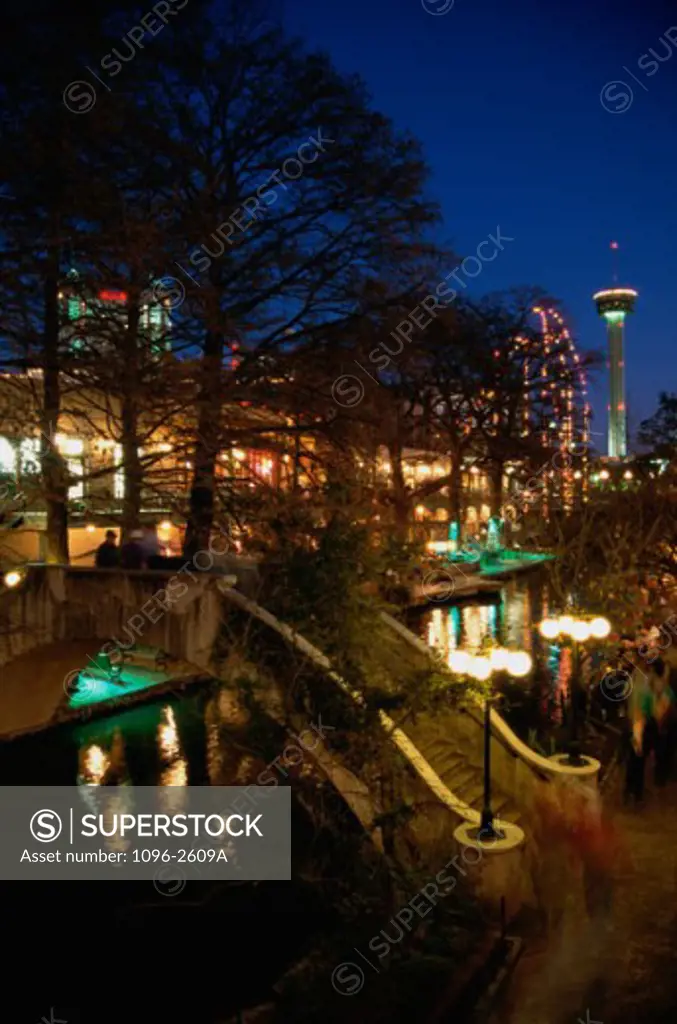 Buildings lit up at night, San Antonio Riverwalk, San Antonio, Texas, USA