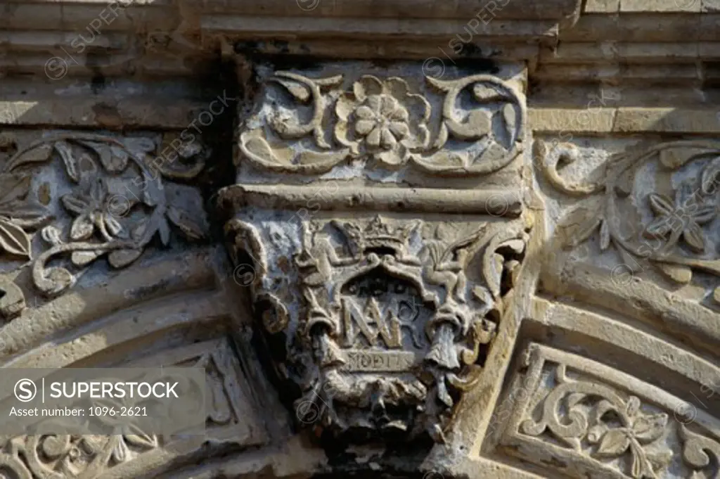 Close-up of a carved stone masthead of a building, Alamo, San Antonio, Texas, USA