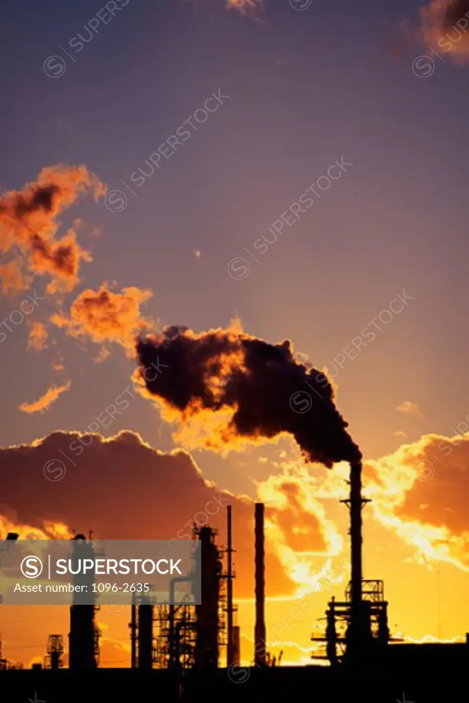 Smoke emitting from smoke stacks at a petroleum refinery, El Paso, Texas, USA
