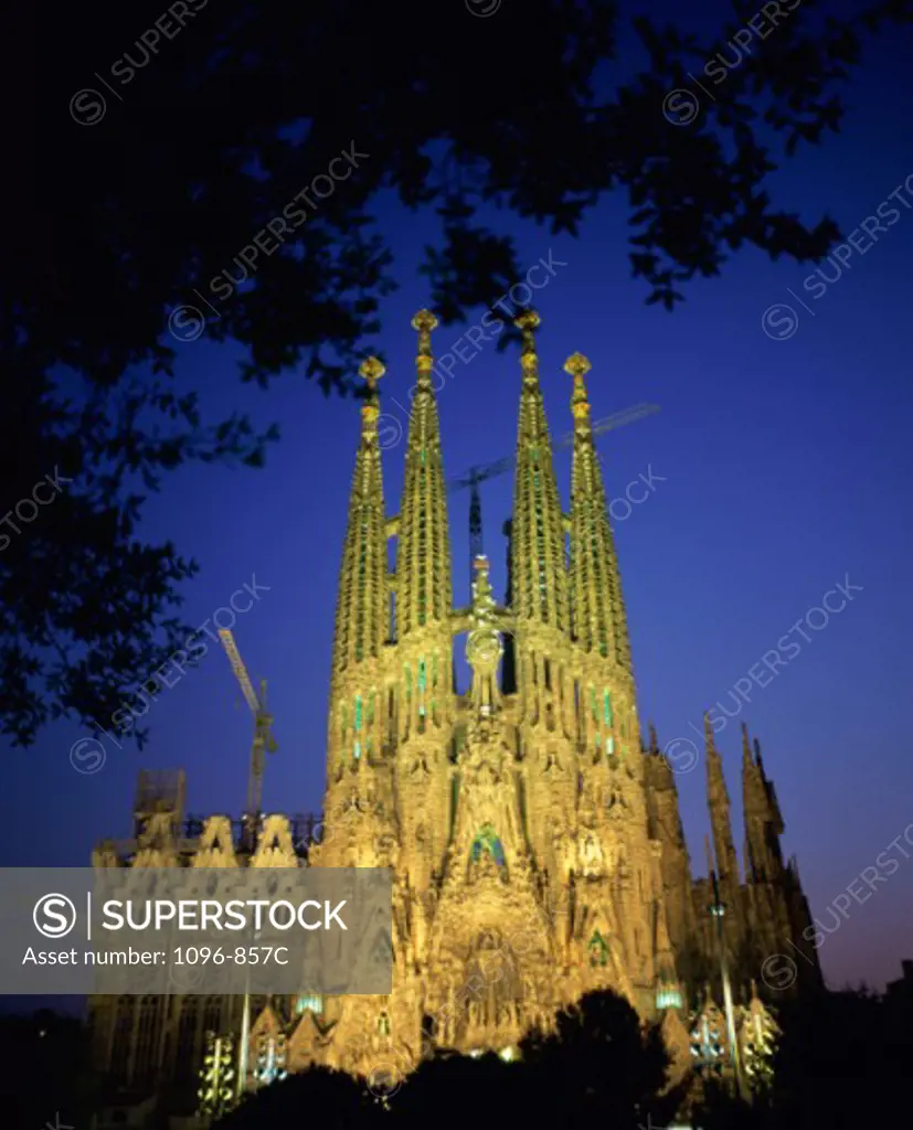 Sagrada Familia lit up at night, Barcelona, Spain