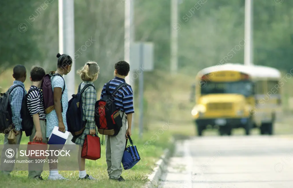 Children waiting in line for a school bus