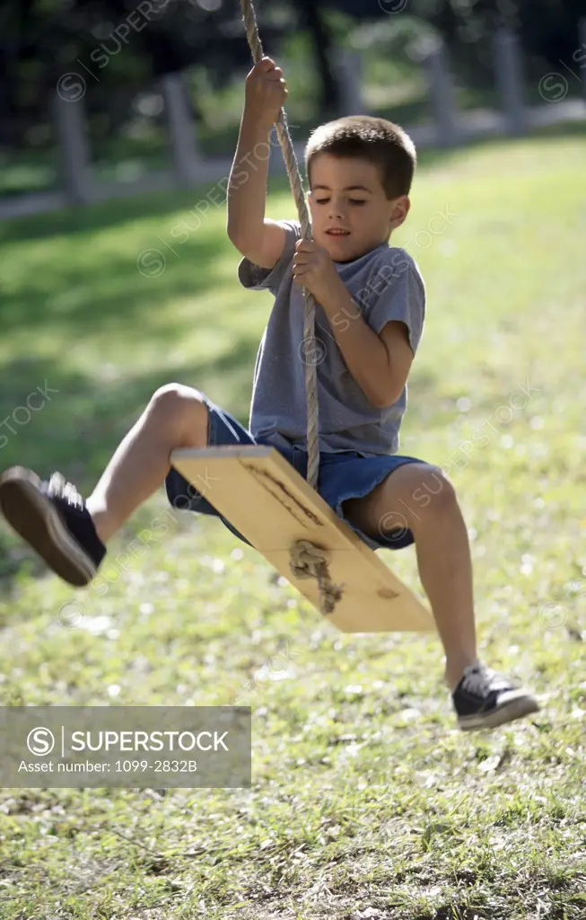 Boy swinging on a rope swing