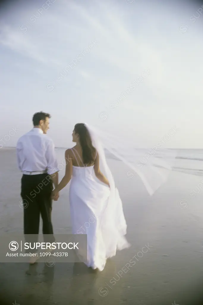 Rear view of a newlywed couple walking on the beach