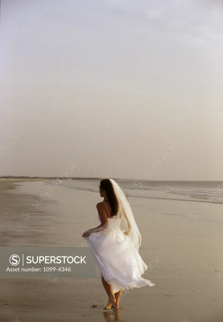 Rear view of a bride walking on the beach