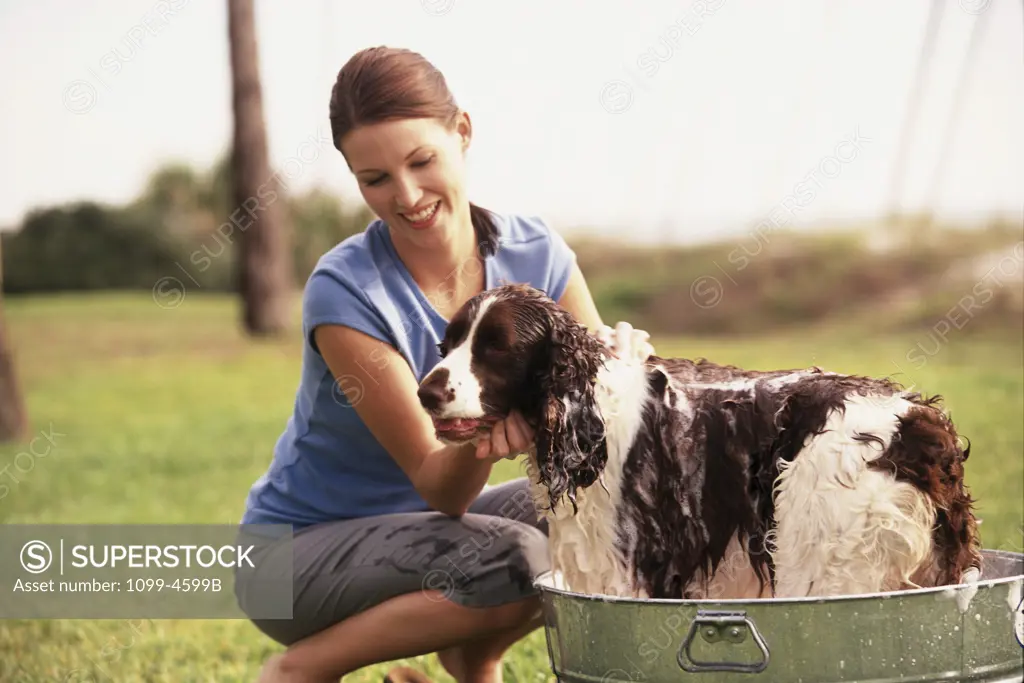 Young woman bathing her dog in a tub