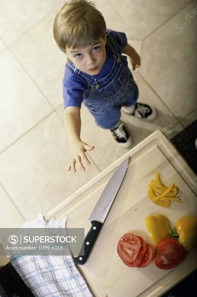 High angle view of a boy reaching out for a kitchen knife