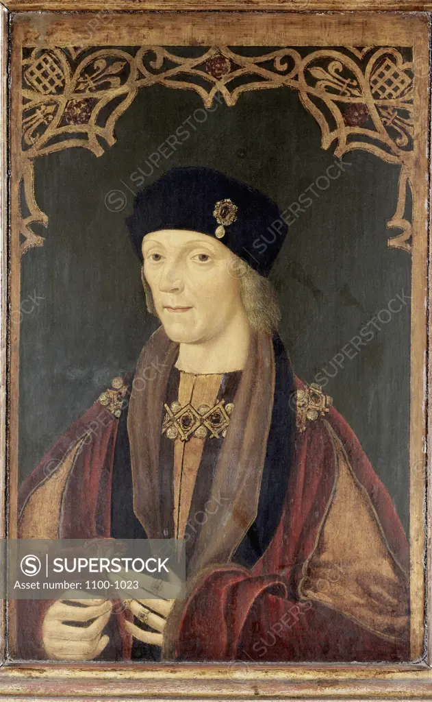 Portrait of Henry VII Holding Red Rose with Fleurs-de-Lys and Porticullises c.1500 Artist Unknown (Flemish) Oil on Panel Christie's Images, New York, USA