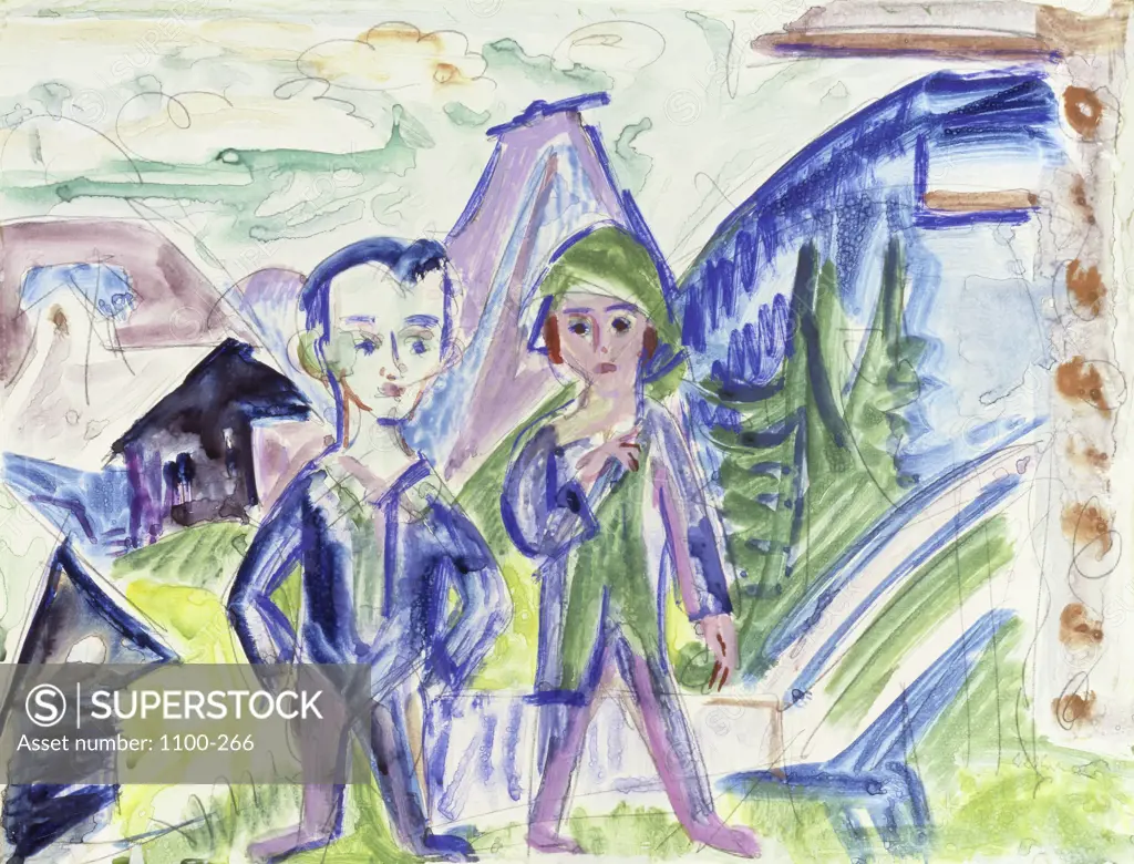 Couple in a Landscape  1919 Ernst Ludwig Kirchner (1880-1938/ German)   Watercolor, pencil, gouache   