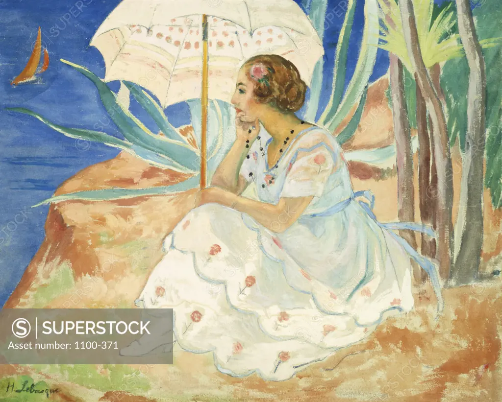 Young Woman with an Umbrella, Sainte-Maxime c. 1918  Henri Baptiste Lebasque (1865-1937/ French)   Oil on Canvas    