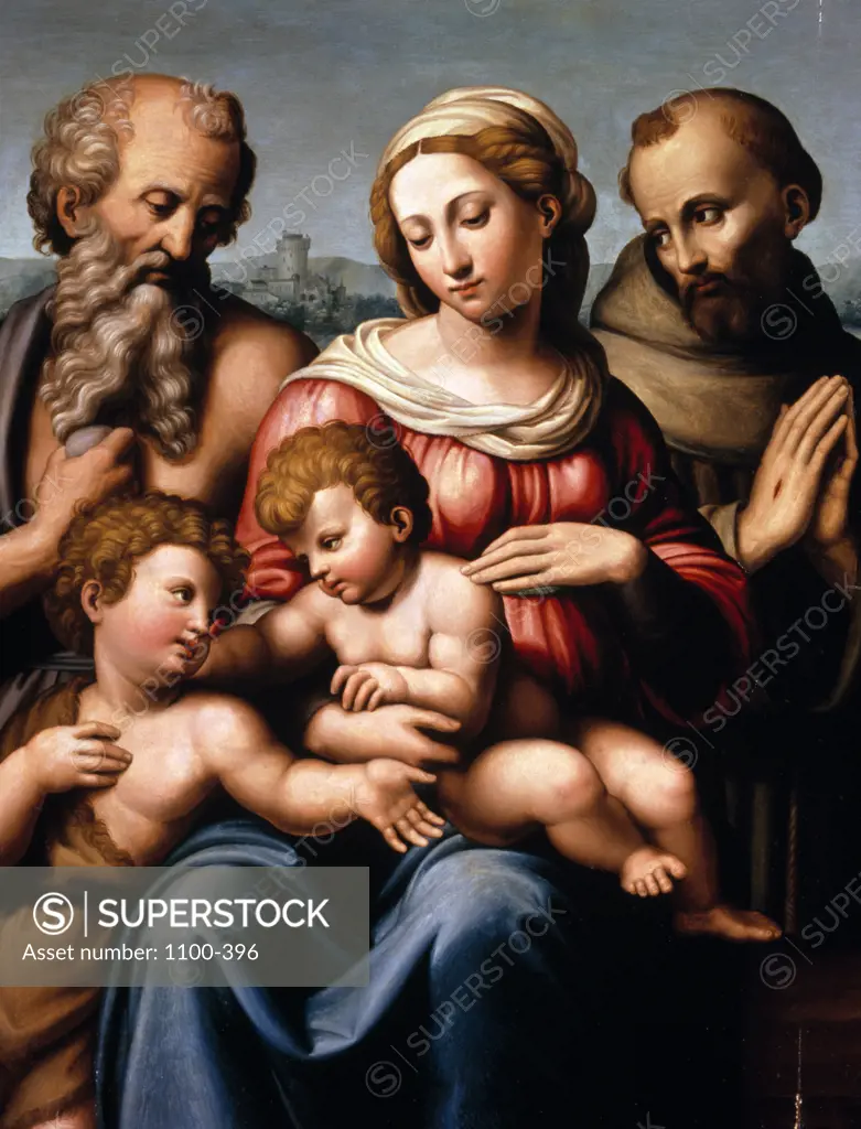 The Madonna and Child with the Infant Saint John the Baptist,  and Saints Jerome and Francis by Innocenzo Francucci,  oil on wood panel,  circa 1485 - circa 1548