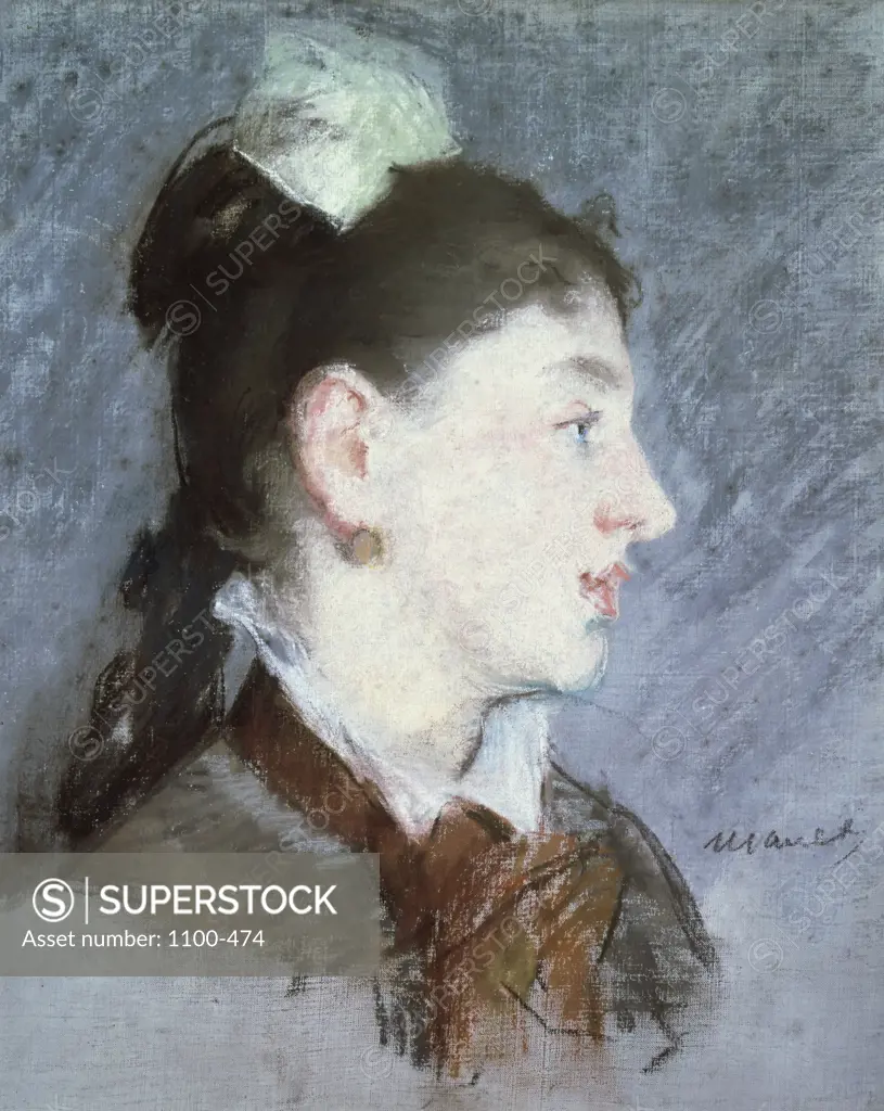 The Young Woman with a Wing Collar, Profile  (La Jeune Fille au Col Cass)  c. 1880,  Edouard Manet (1832-1883/ French) Pastel on Canvas Board 