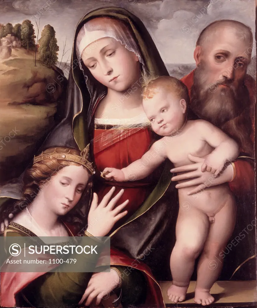 The Mystic Marriage of Saint Catherine  Giacomo Raibolini  (c. 1486-1557/Italian) Oil on Wood Panel 