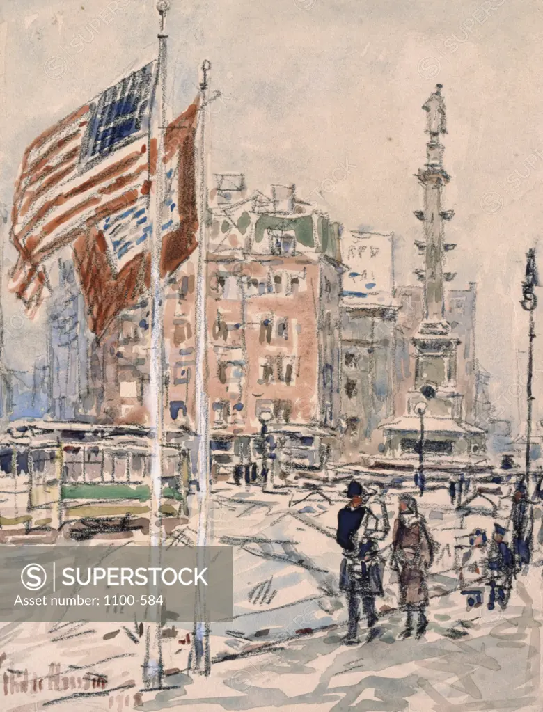 Flags,  Columbus Circle by Frederick Childe Hassam,  (1859-1935),  USA,  New York,  Christie's Images