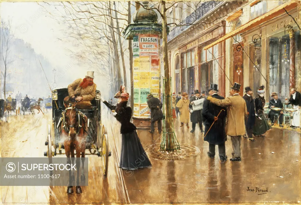 Outside the Cafe Americain on the Boulevard des Capucines  1890-1895,  Jean Beraud (1849-1935/ French)   Oil on Wood Panel   