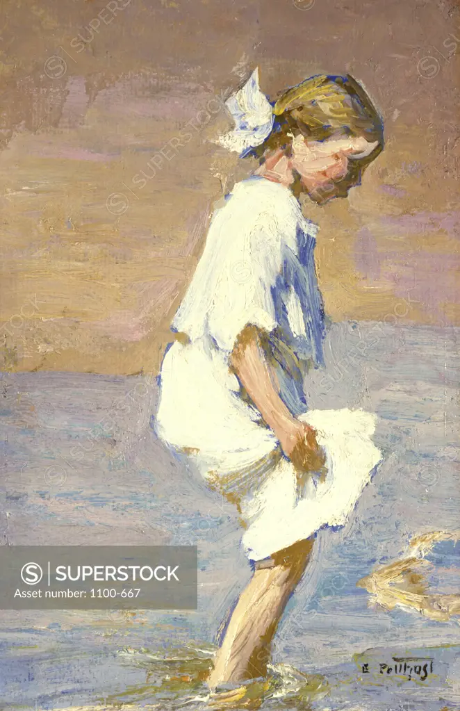 Wading at the Shore  Edward Potthast (1857-1927 American) Oil on Board