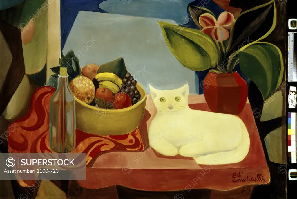 Still Life with White Cat  (Natureza Morta con Gato Blanco)  1969 Emiliano di Cavalcanti (1897-1976/ Brazilian)   Oil on canvas  