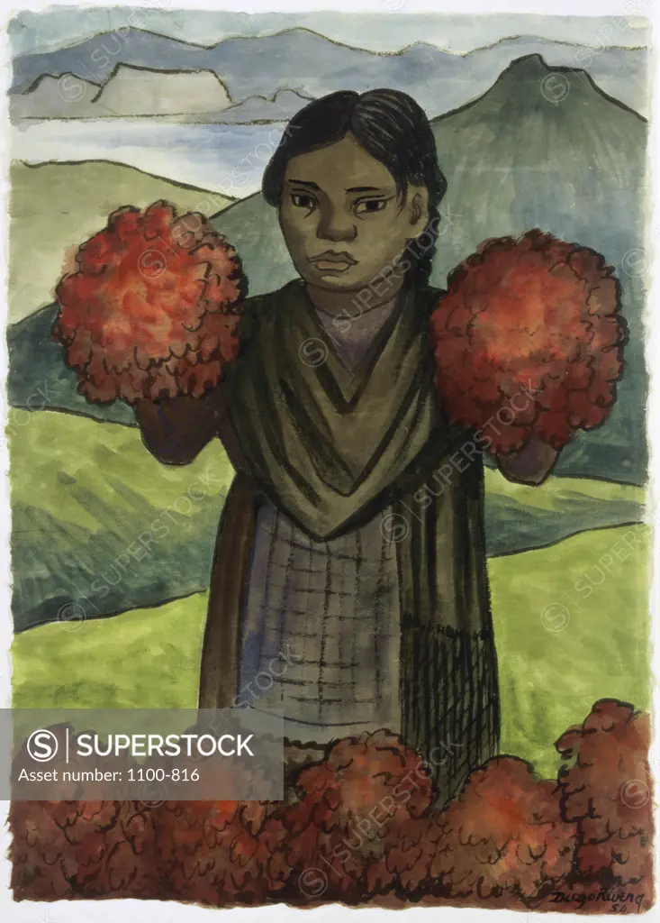 Flower Vendor  (Vendedora de Flores)  1954,  Diego Rivera (1886-1957 /Mexican)   Rice Paper   