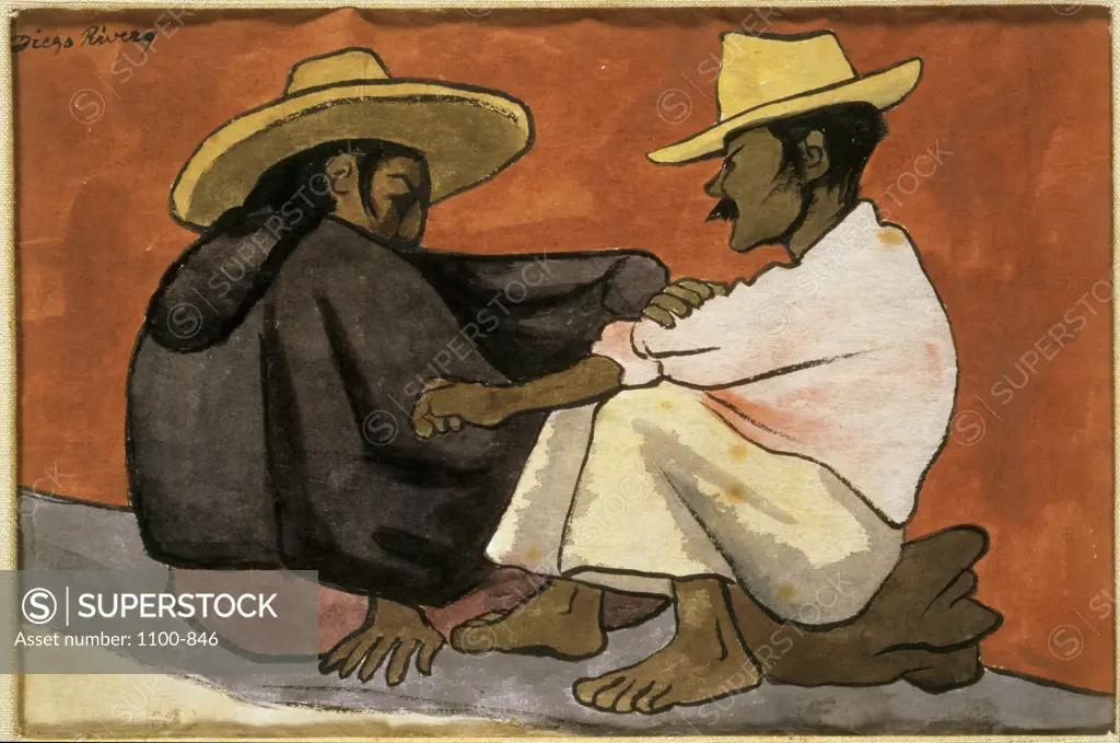 Native Couple  (Pareja Indigena) Diego Rivera (1886-1957/Mexican)   Watercolor on Rice Paper   